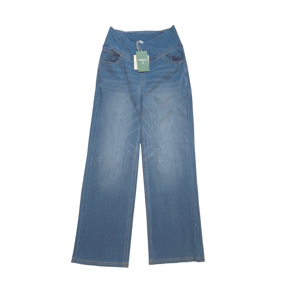 Halara Flex Denim Pants Womens S Petite Blue Stretch Crossover Wide Leg NEW NWT